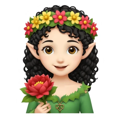tiny Elf with Flower Crown, curley hair black, with flower bouquet sticker