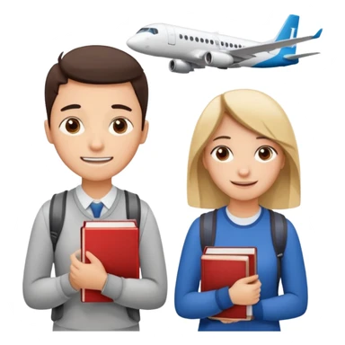 Create two emoji characters.

Left: a stressed, sad student preparing for IELTS, holding books and coffee, tired face, exam stress.

Right: a happy confident student after IELTS, traveling abroad, airplane, university, freedom, smiling.

Style: emoji, clean, simple, white background. sticker