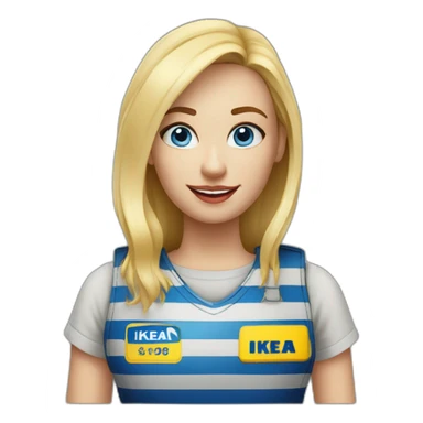 Ikea coworker blue eyes blond woman blue stripes t-shirt and yellow security vest with trolley scan sticker