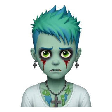 zombie boy with spiky emo blue hair and white shirt , tattos, a risk on the eyebrow, earings,  a necklace with a cross, green skin, shaggy, dark, spooky, creepy expression emoji  sticker