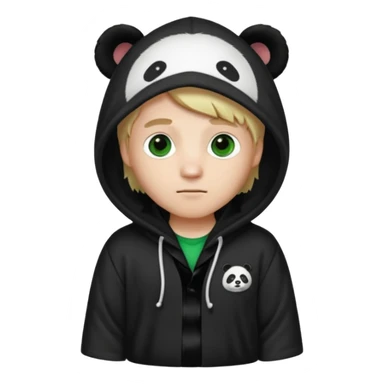 A white man with green eyes, medium-length blond hair, wearing a panda hoodie and black pajama-like robes. sticker
