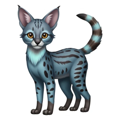 Realistic patterned marked edgy bluish greyish blackish whitish silvery Shiny Colorful Dusky Dark Glossy Genet-Caracal-Lion-Bobcat-fusion-animal-hybrid-creature, full body, tufted ears, long thin tufted tail sticker
