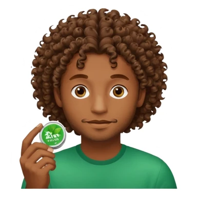Man with Curley brown hairholding Zyn spearmint snus sticker