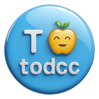 A glossy, three-dimensional emoji pin badge showing the text "TODOC". The font is modern, rounded, sans-serif, and colored in a professional medical blue. The badge has soft edges and reflections, in the style of Apple emojis. White background. sticker