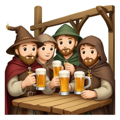medieval pilgrims with cloaks drinking beer at a tavern sticker