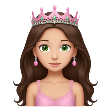 super long haired brunette with middle part cute pink lacy tank with a pink tiara on head, white but tan green eyes  sticker