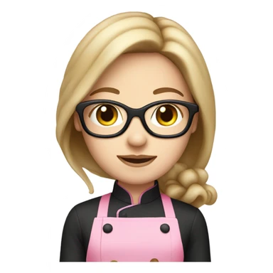 long brunette hair girl with pale skin and black glasses and a pink chef outfit sticker