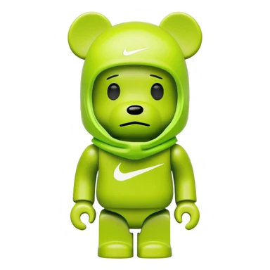 bearbrick toy wearing a lime green balaclava with a Nike swoosh logo sticker