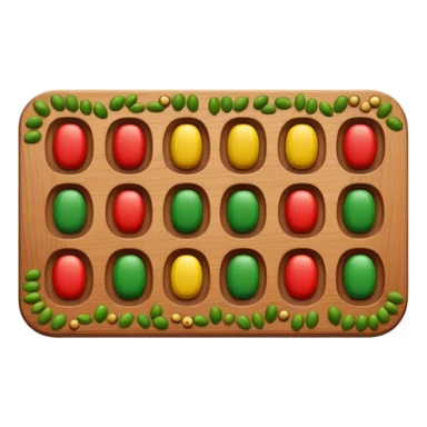 Flat emoji illustration of an African Awalé (mancala) board, wooden board with 12 holes, colorful seeds, simple shapes, bold outlines, cute and playful style, vector look, transparent background” sticker
