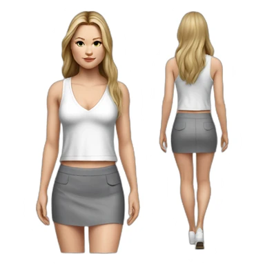 hyperrealistic julia stiles, long straight hair, white deep v-neck crop tanktop, gray tight mini skirt, walking body view sticker