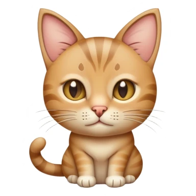 A light brown and beige tabby cat, sitting or lying down in a tense or alert posture, ears pinned back, soft rounded 3D emoji-style character, clean white background, subtle shadows, warm soft lighting, expressive eyes, minimal and friendly design similar to Apple emoji animal style. sticker