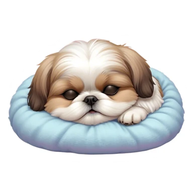 Meme-Worthy Cute Sleeping Shih Tzu Portrait Emoji, Head resting peacefully with a tender, contented smile and eyes delicately closed in serene slumber, showcasing a luxuriously fluffy fur in soft pastel tones, simplified yet irresistibly adorable, highly detailed, glowing with a warm, drowsy radiance, high shine, exuding calm, cozy charm, styled with a gentle, soft glowing outline, capturing the essence of a sleeping Shih Tzu that radiates utterly adorable, sleepy bliss! sticker
