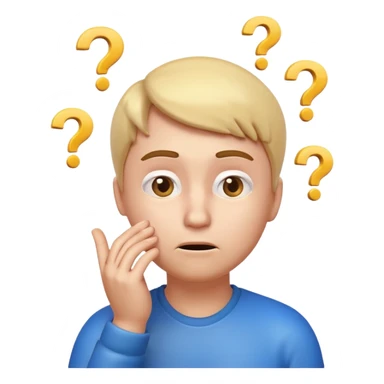 3D glossy emoji of a confused person feeling lost, hand on chin, raised eyebrow, looking up, small question marks around head, faint maze background, soft gradient, centered, transparent background.\ sticker