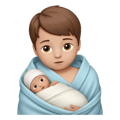 A new born baby boy wrapped in a swaddle with brown hair sticker