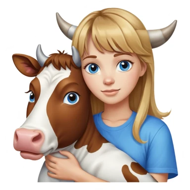 Woman with brown hair long and blonde highlights, bangs in front, blue eyes, white t shirt hugging a cow sticker