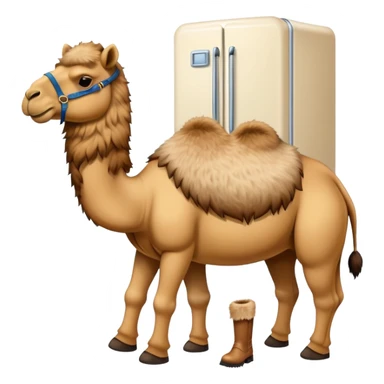 A white refrigerator with a camel head sticking out from the top and four camel legs with Timberland boots coming out from the bottom sticker