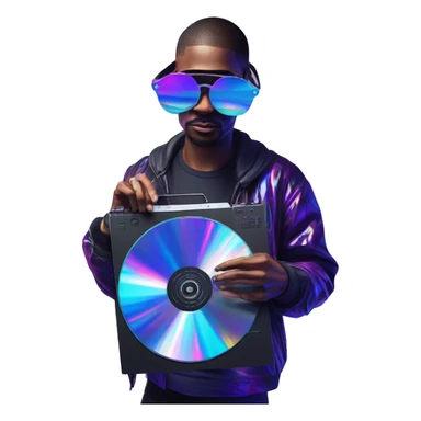 A dj wearing sunglasses playing music holding a cd record record, vinyl, oilslick holographic blacklight inverted graffiti dark dull sticker