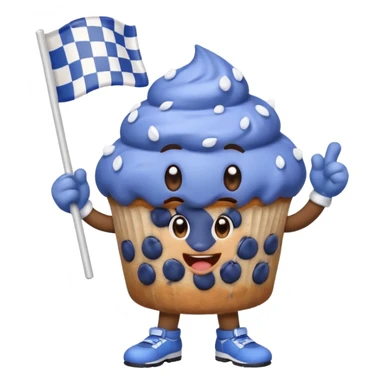 blueberry muffin character cheering with a checkered race flag sticker