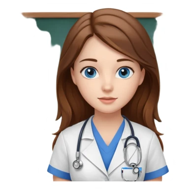 inside a classroom at university that says nursing school on the board with a pretty female nursing student with long brown hair, blue eyes sticker