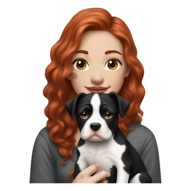 Long Red haired woman with septum piercing holding black and white English Staffordshire puppy sticker