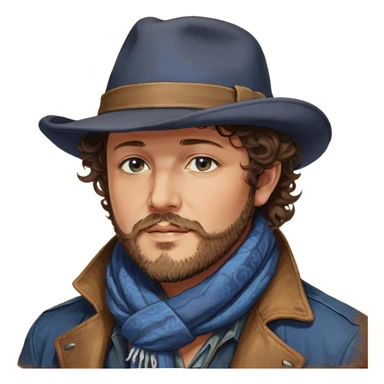 a detailed portrait of zucchero sugar fornaciari, focusing on his upper half. he has a rugged appearance with curly brown hair, a trimmed beard, and expressive eyes. wearing a wide-brimmed hat and a casual jacket with a scarf, his style reflects a blend of rock and blues. the background is softly lit with warm, earthy tones, creating a soulful and charismatic vibe sticker