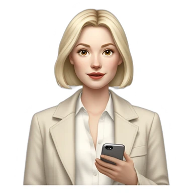 pale skin woman with ash blonde Straightened bob Hair, White Spacious classical jacket, beige palazzo Arrow pants and gray blouse holding white IPhone 14 pro in the hands sticker
