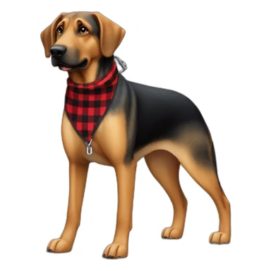adult 75% Coonhound 25% German Shepherd mix dog wearing small pointed red buffalo plaid bandana full body walking left with leash sticker