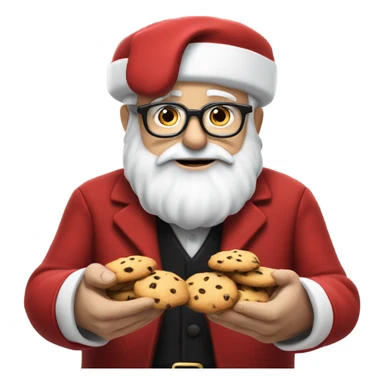 An old white man with a big white beard and small black glasses, wearing a red hat with a white pom pom atr the end, wearing a red suit with black gloves with a black gold belt is eating choclate chip cookies sticker