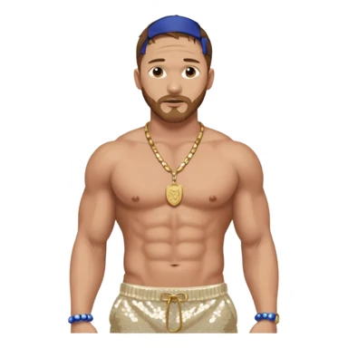 Tom Hardy with brown hair, cream sequin baggy pants, shirtless with necklace sticker