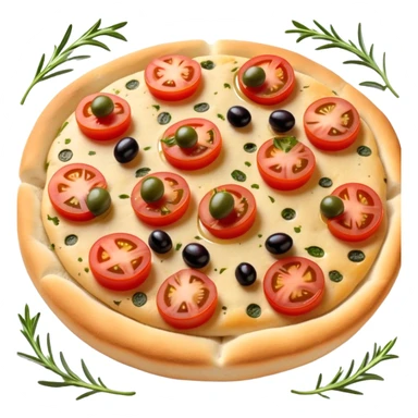 cinematic-realistic-isometric focaccia-bread-dish-emoji,-depicted-as-a-golden,-olive-oil-brushed-flatbread-sprinkled-with-herbs-rendered-with-lifelike-texture-and-soft,-appetizing-lighting showing olives on top and the cherry tomatoes sliced sticker