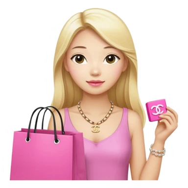 Blonde Chanel Asian Girl with long blond hair holding pink shopping bag and Chanel necklace sticker