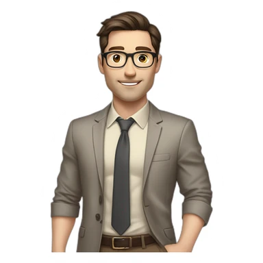 Pale skinned fit man with dark brown hair in gray jacket, beige office shirt, brown tie, brown pants and vintage glasses Writing on the marker board sticker