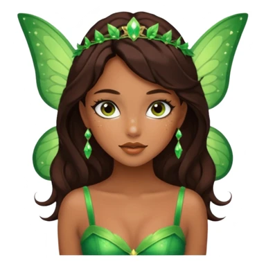 Pretty girl with caramel skin. Dark brown hair and brown eyes. She has freckles. Wearing sexy makeup. Wearing a green fairy costume and heels sticker