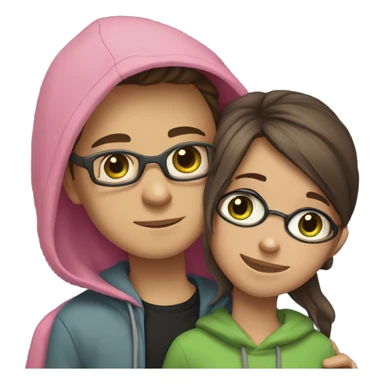 boy with glasses, brown hair and black hoodie hugging a girl with brown hair with pink hair under the main hair in grey hoodie, the boy have green eyes and the girl has blue eyes  sticker