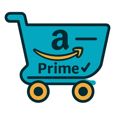 Add an Amazon Prime element such as a blue checkmark or 'Prime' swoosh to the Amazon shopping cart icon. Keep the style clean and modern with no background. sticker