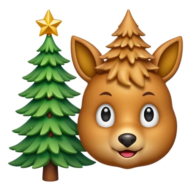 Un emoji représentant un petit sapin stylisé, sans bouche, avec deux grands yeux de biche brillants couleur cannelle. Style minimaliste, mignon et expressif, comme un sticker ou un emoji moderne. Fond parfaitement transparent, haute qualité, bien centré. sticker
