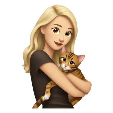 Beautiful skinny woman long dark brown hair in dark dress with gold earrings with man blond hair hug bengal cat sticker