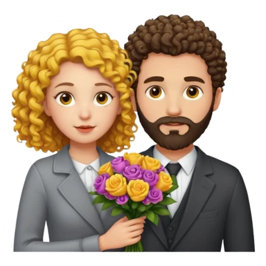 curly haired girl with yellow eyes and hair parted from the right side, standing next to a handsome bearded man holding a bouquet, expressive sticker