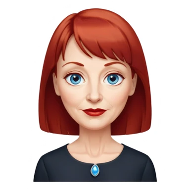 Older woman in her early 60s with fair skin, wider oval face, noticeable age lines, blue eyes, thin eyebrows, small nose, red lips, dark red hair with straight bangs, wearing a black blouse sticker