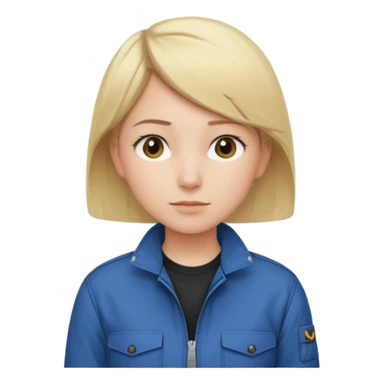 Calm and independent female engineer, fair skin, short straight blonde hair tucked behind the ears, neutral but focused expression, wearing a fitted blue utility jacket over a black crew-neck top, waist-up, front-facing sticker