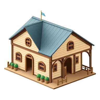 Equestrian stable exterior, isometric dollhouse-style, realistic sticker