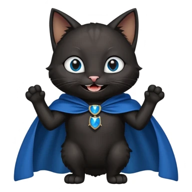 an all black anthropomorphic cat with blue eyes wears an all black cape and is smiling a mischievous sharp tooth grin sticker
