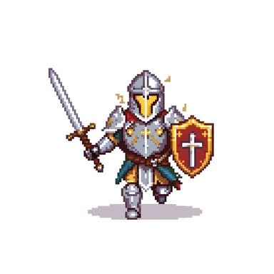 running paladin knight in shining armor with holy symbols and a sword sticker