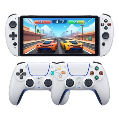 An icon showing a split-screen game display with two sections, each featuring different gameplay action. Two PS5 controllers rest below, symbolizing local multiplayer fun. The design captures the excitement of competitive and cooperative gaming. A transparent background sticker