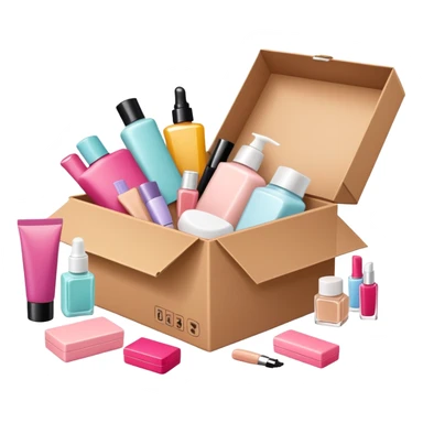 a cardboard box with assorted beauty products like compact, lotion, and nail polish spilling out sticker