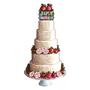 white wedding cake with strawberries, pink roses, 'Just Married' topper, pixel art style sticker