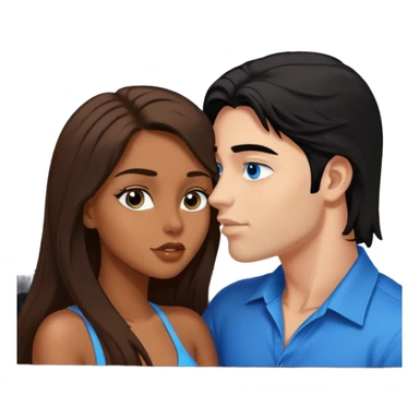 Brown sexy girl with brown eyes long brown hair and sexy white man with black hair blue eyes kissing in car sticker