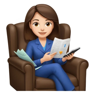 female therapist, brunette, brown eyes, light skin, sitting in an armchair with notes sticker