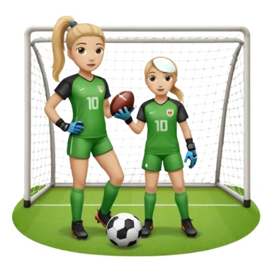 Make a dirty blonde football goalkeeper with goalkeeper gloves on holding a football. The girl is light skinned and wearing a football kit and football shoes. Standing in front of football goal. Wearing a ponytail with the dirty blonde hair. Without a American football ball sticker