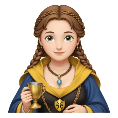 Helga Hufflepuff, blue eyes, brown-haired, two brown braids, yellow-black medieval open dress, black cloak decorated with gold braiding, tiny gold cup with two handles, very kind smile, curvy busty sweet woman, macromastia, round ruddy face, black, gold pendant with round black stone, deep neckline sticker